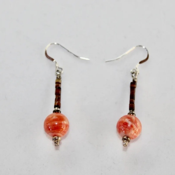 New Peach Adventurine & Coconut Shell Beaded Earrings, SS Earwires - Picture 2 of 2